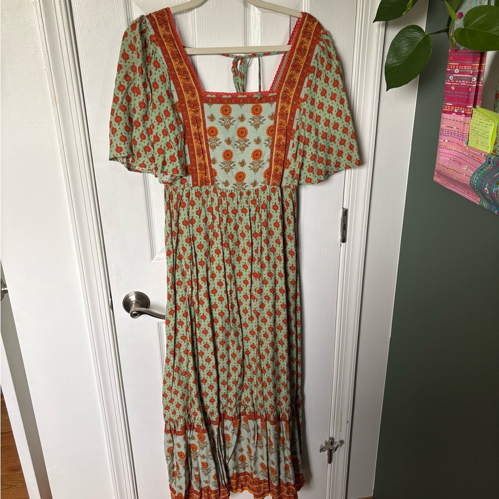 In Bloom Sage Maxi Dress with Rust Floral Accents